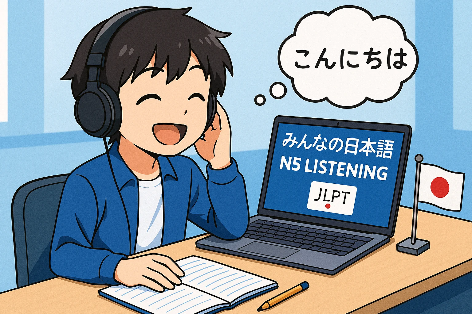 Student practicing JLPT N5 listening with Minna no Nihongo